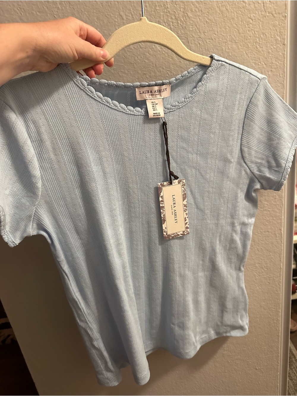NEW Laura Ashley Light Blue Ribbed Knit Pointelle Top Short Sleeve Scallop Neck